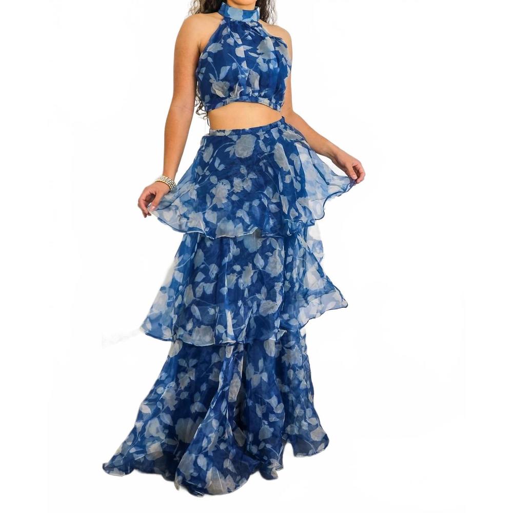 NEW SURELYMINE tiered ruffle two-piece set halter crop top & maxi skirt in blue - Picture 6 of 8